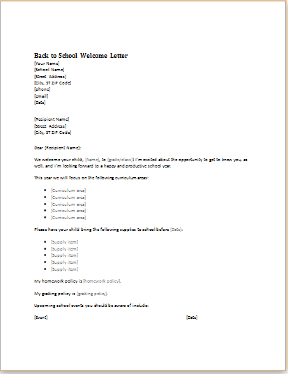 back to school welcome letter