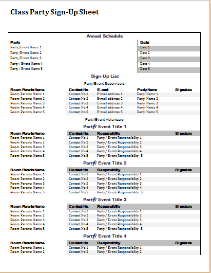 class party sign up sheet