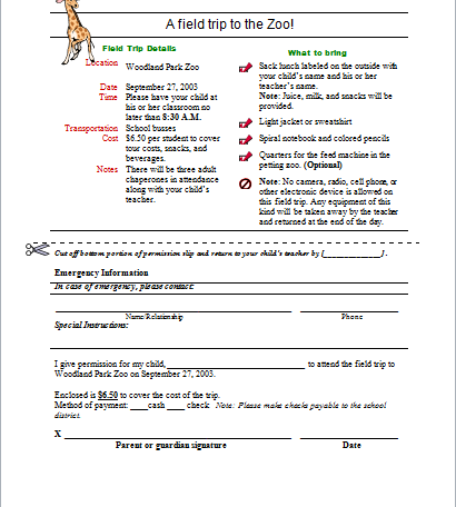 elementary field trip permission slip template