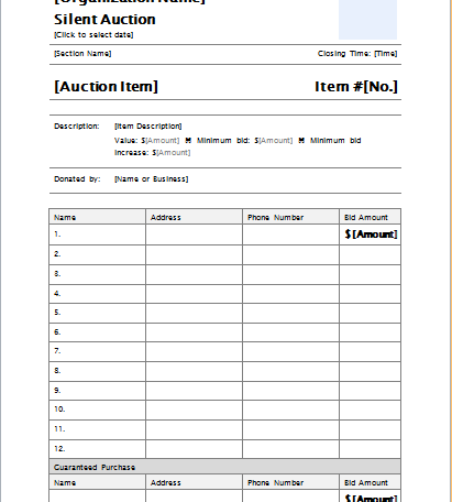 silent auction sign up sheets