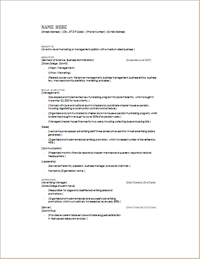 resume for new college graduate
