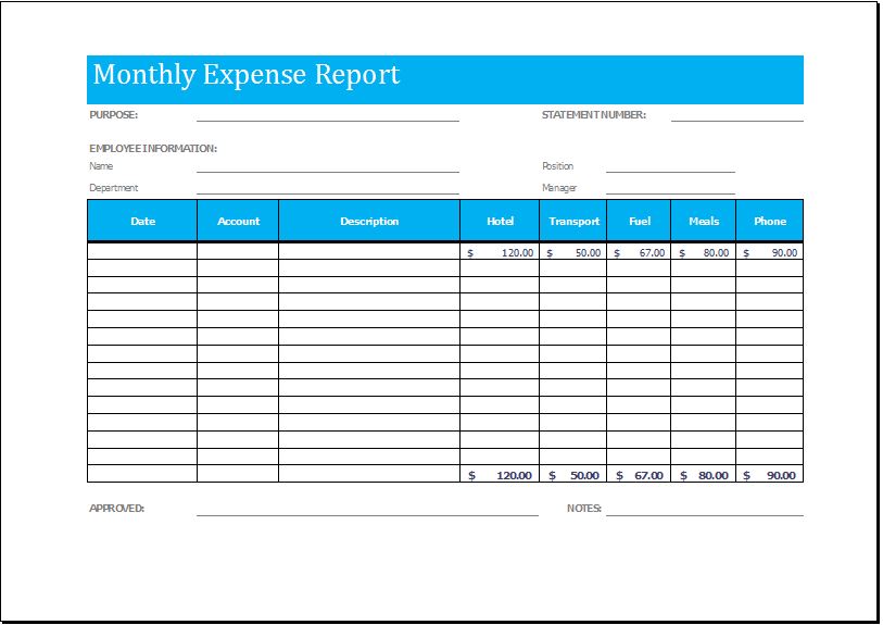 Monthly Expense Report Template Excel