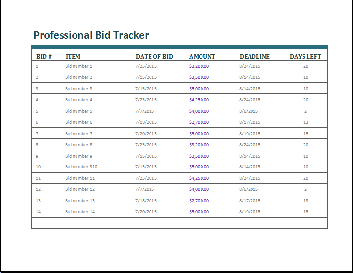 bid tracker template