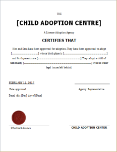 Child adoption certificate