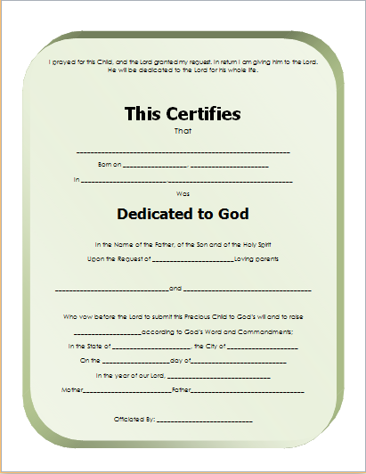 Child dedication certificate