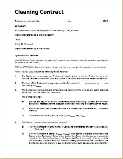 Sample Cleaning Contract Template for MS WORD | Document Hub