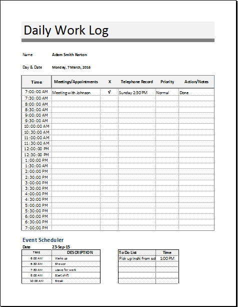 Daily Work Log Template for MS EXCEL & OpenOffice | Document Hub
