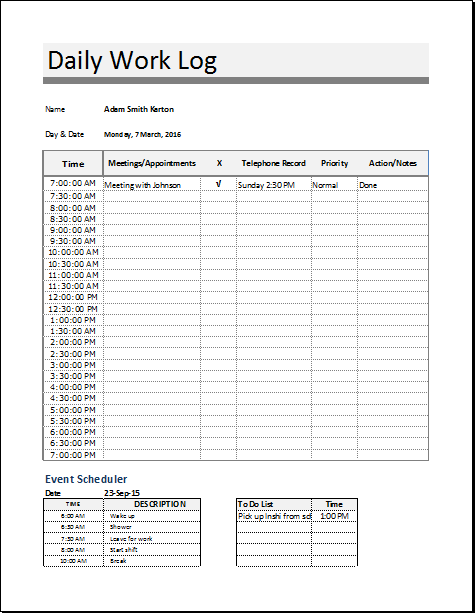 Daily Log Sheet Template from www.doxhub.org