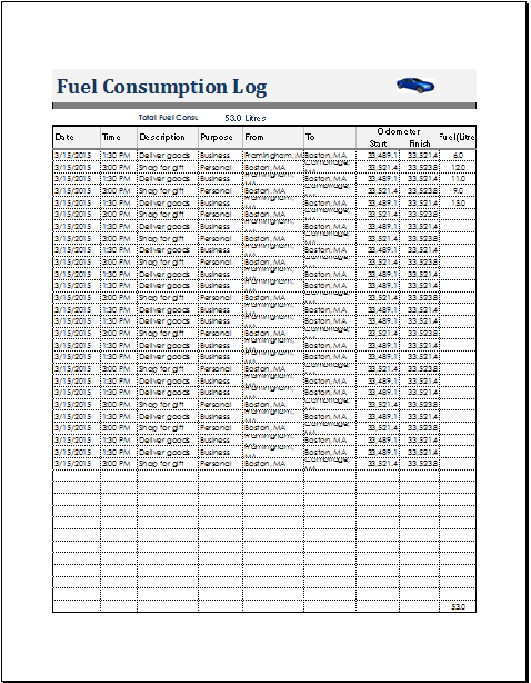 Vehicle Fuel Mileage Chart