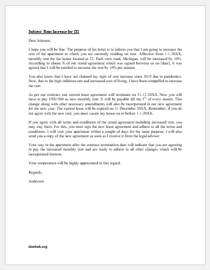 Rent increase letter