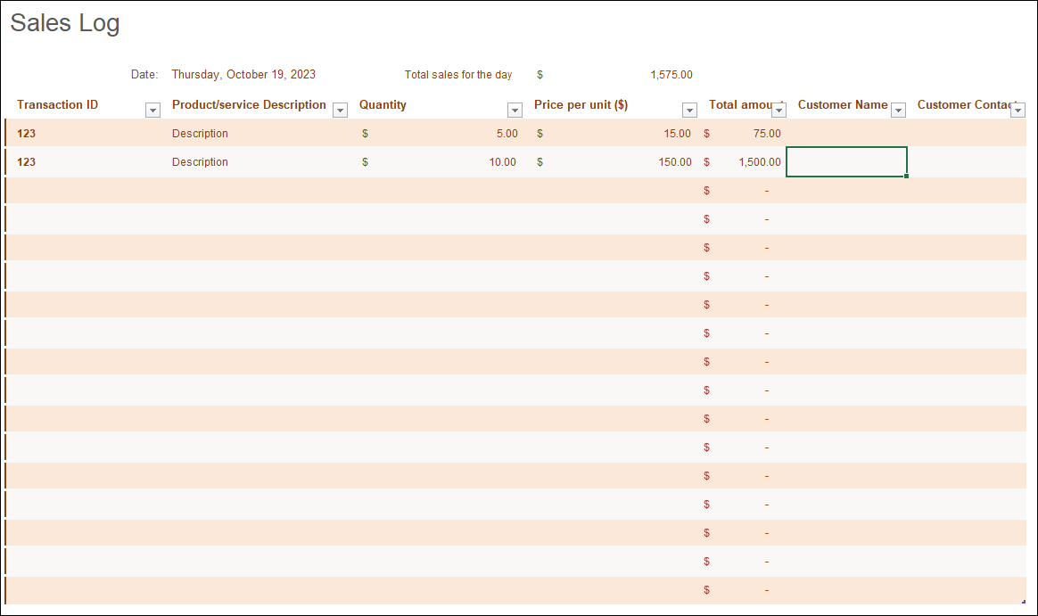 Sales log template