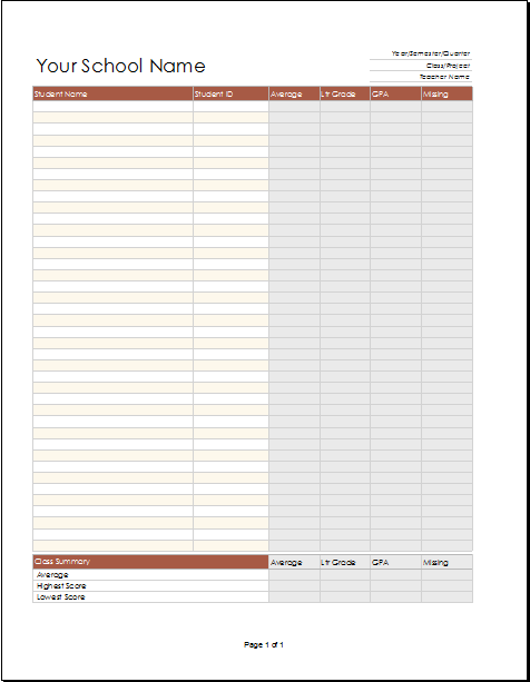 Teacher grade book based on averages