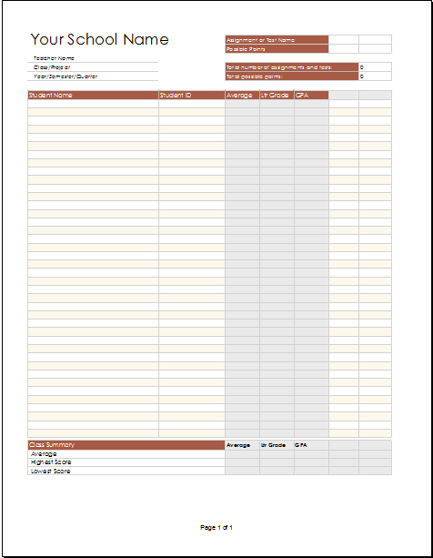 Teacher grade book based on points