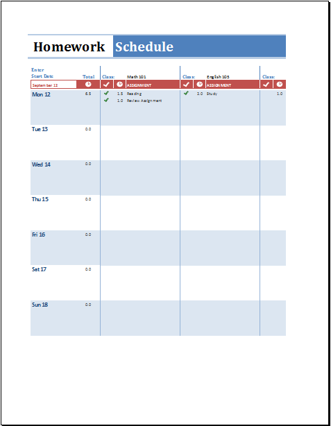 Weekly homework schedule