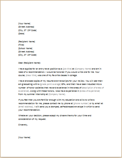 letter requesting job recommendation from professor