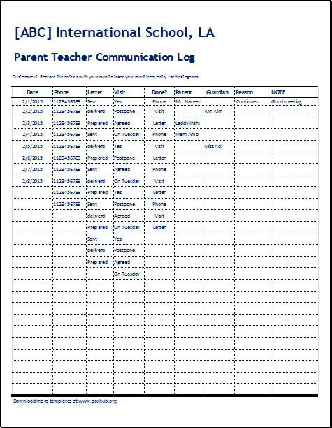 Parent Teacher Communication Log for EXCEL  Document Hub