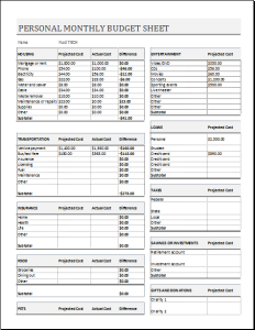 Personal monthly budget sheet