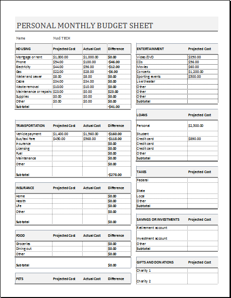 Personal monthly budget sheet