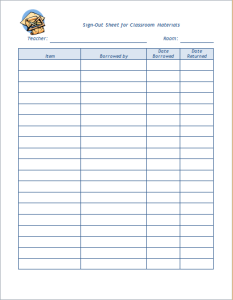 school supplies sign out sheet