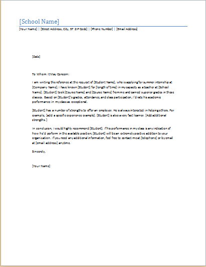 Write a reference letter for student