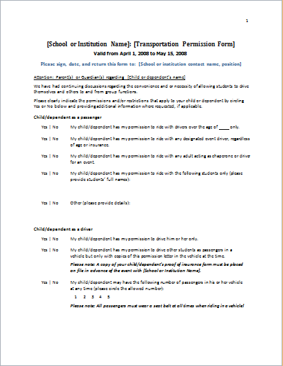 Student travel permission form