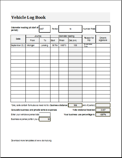 Vehicle Log Book Template for MS EXCEL and Calc | Document Hub