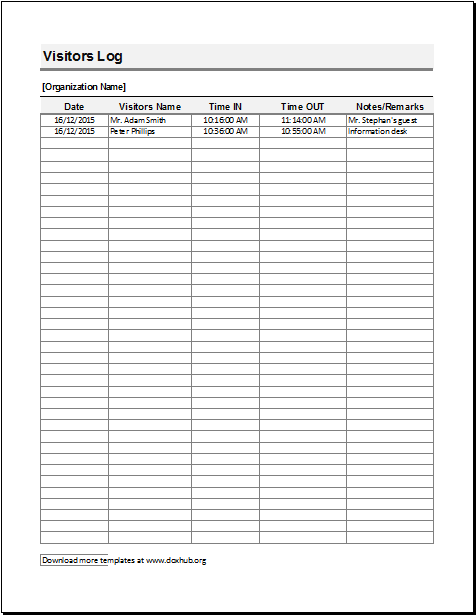 Visitors Log Template For MS EXCEL And Calc