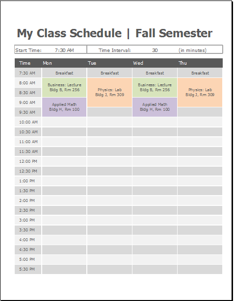 Weekly class schedule