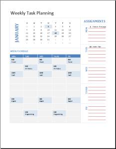 Student weekly planning calendar