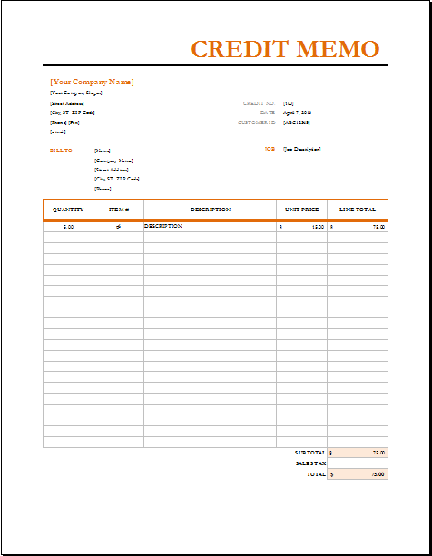 Editable Credit Memo Template for MS EXCEL | Document Hub