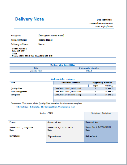 Delivery note template