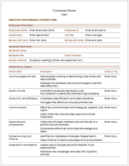 Employee Performance review form template