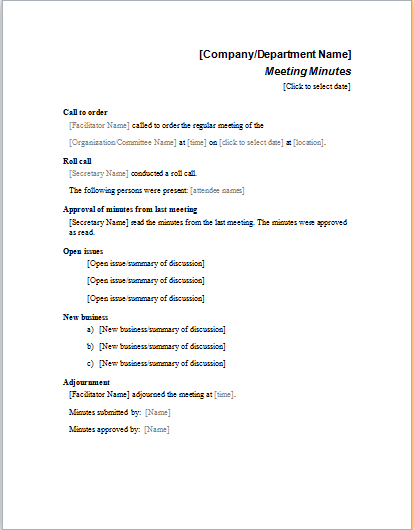 Formal meeting minutes template