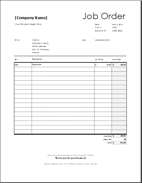 Sample Work Order Form Template