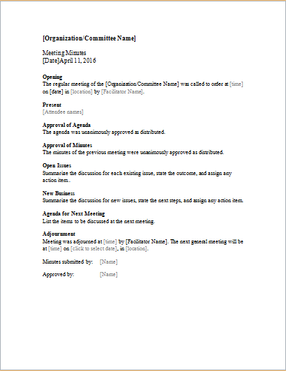 Minutes for organization meeting long form