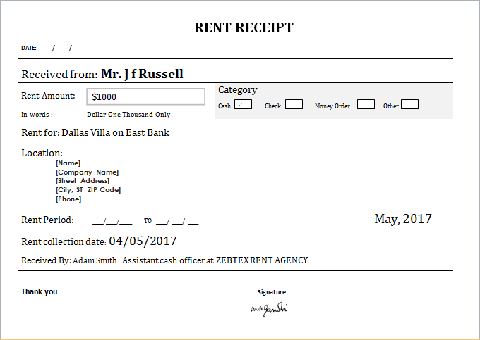 Rent Payment Receipt Sample