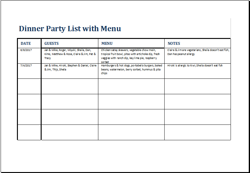 dinner party list with menu