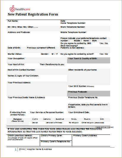 New Patient Registration Form Sample