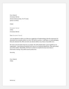 Appreciation Letter to an Employee for Suggestion