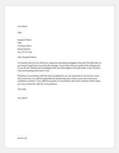 Letter lifting suspension of an employee