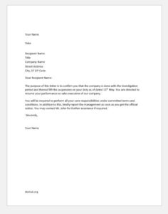 Letter lifting suspension of an employee