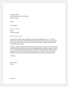 Reprimand letter to an employee for poor attendance or tardiness