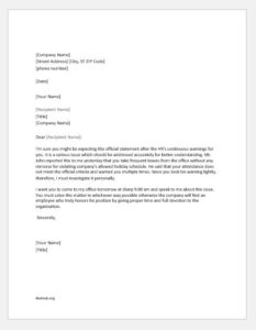 Reprimand letter to an employee for poor attendance or tardiness