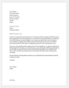 Warning letter to an employee for misconduct