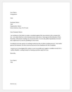 Complaint letter for yelling of a colleague