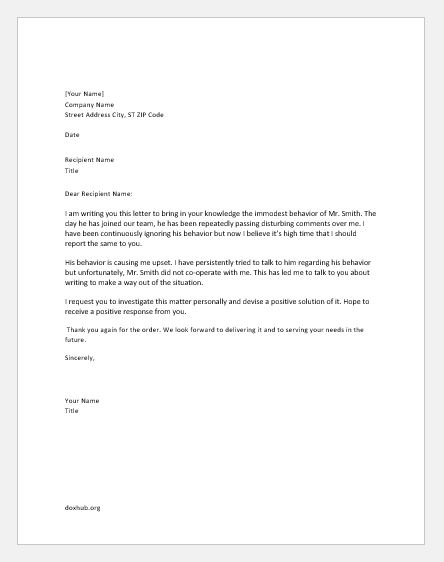 Complaint letter to boss about coworker behavior