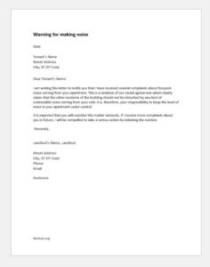 Warning letter to tenant for making noise
