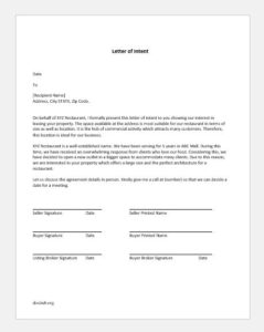 Letter of intent to lease restaurant place