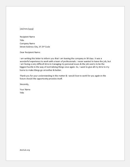 Resignation Letter Due To Personal Reasons from www.doxhub.org