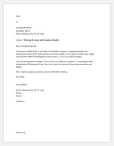 Letter to sales manager for poor performance